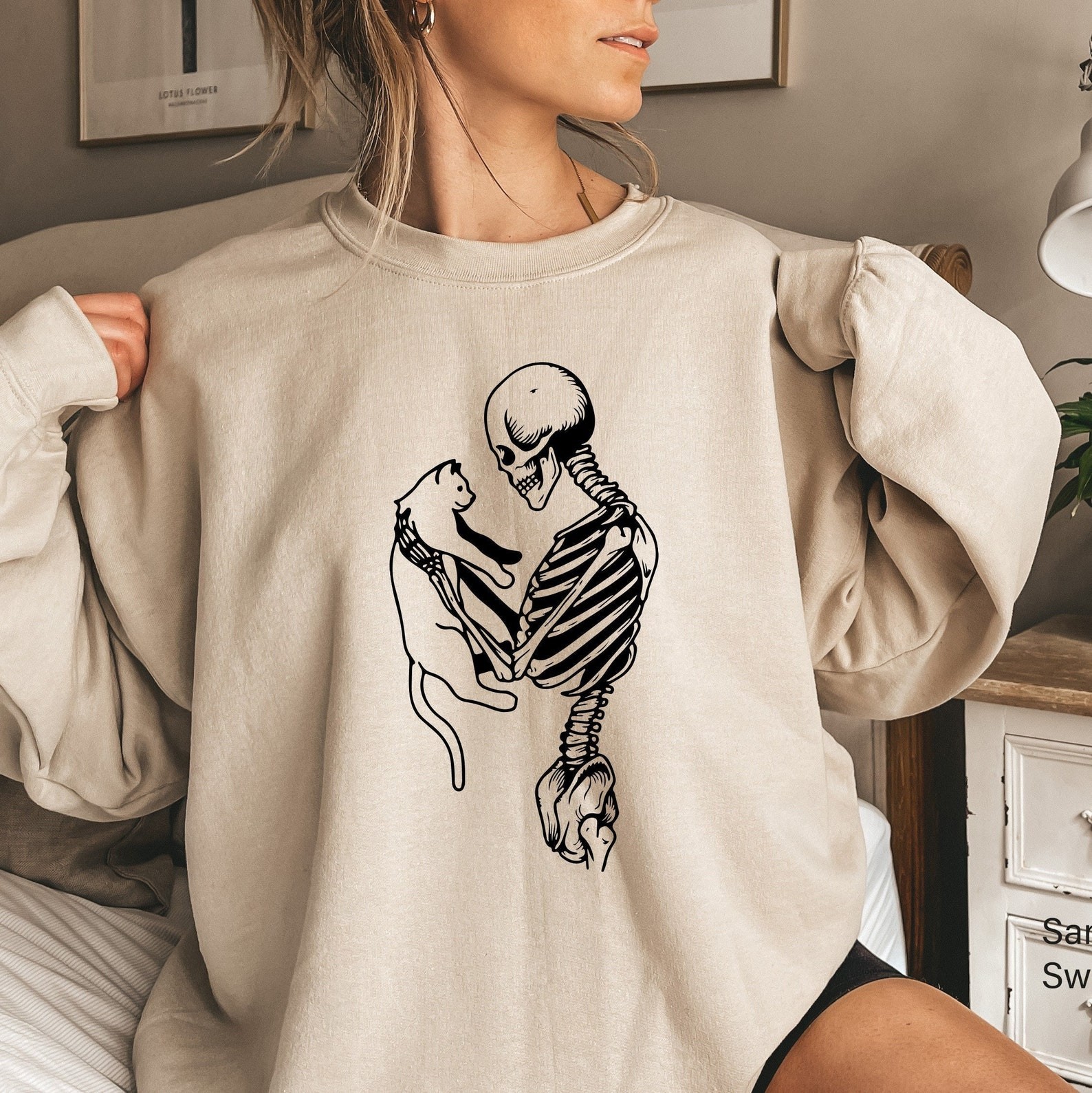 Skeleton And Cat Halloween Hoodie Crewneck For Cat Lover